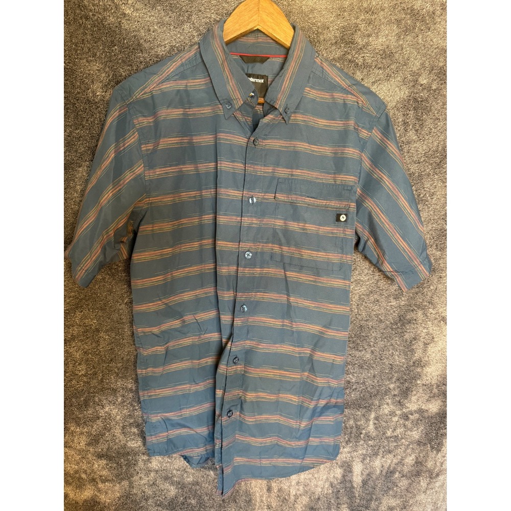 Marmot Mens Blue Striped Short Sleeve Button Down Hiking Shirt Size Medium
